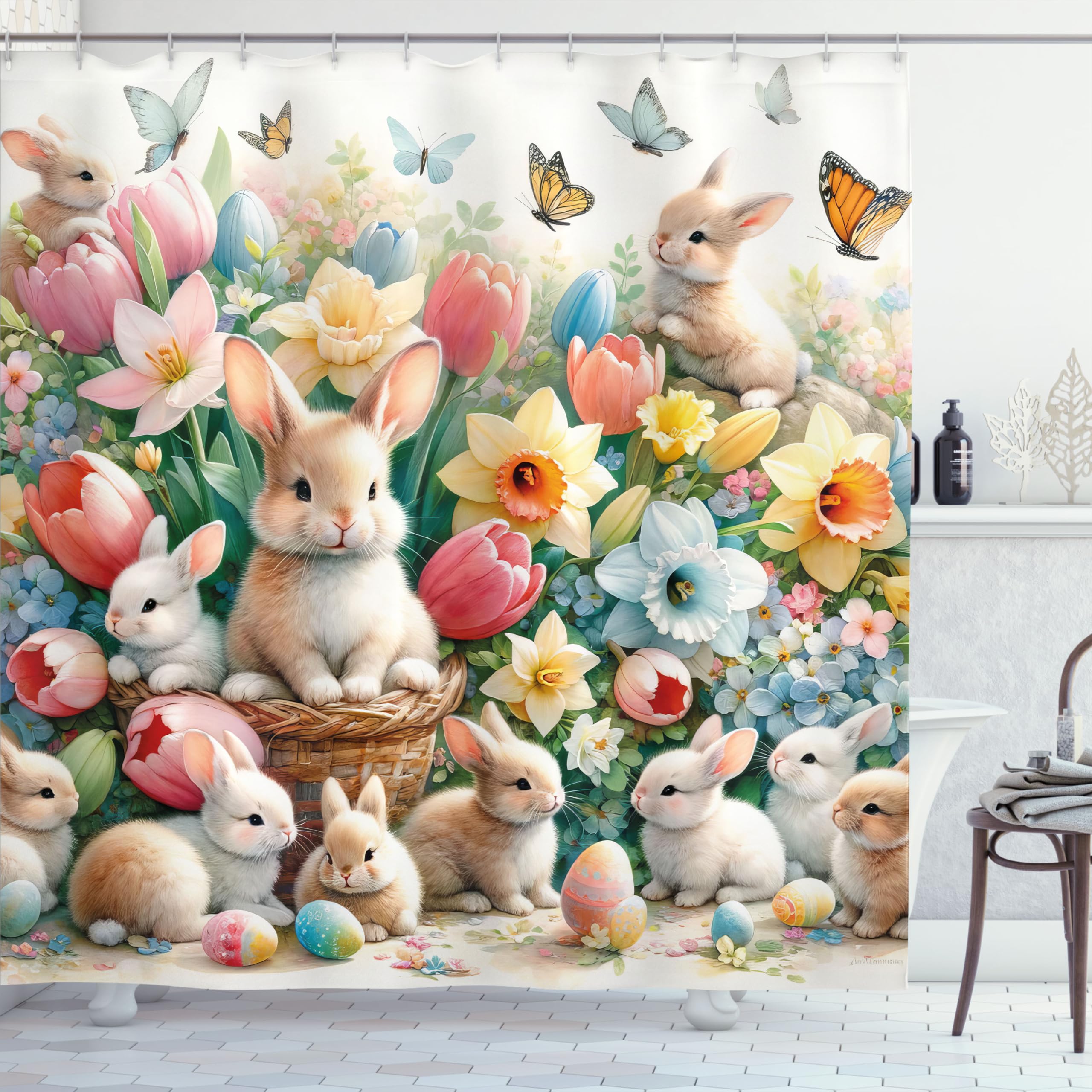 Ambesonne Spring Shower Curtain, Easter Bunnies Tulips Rabbits In Floral Scene Flowers With Butterflies, Cloth Fabric Bathroom D